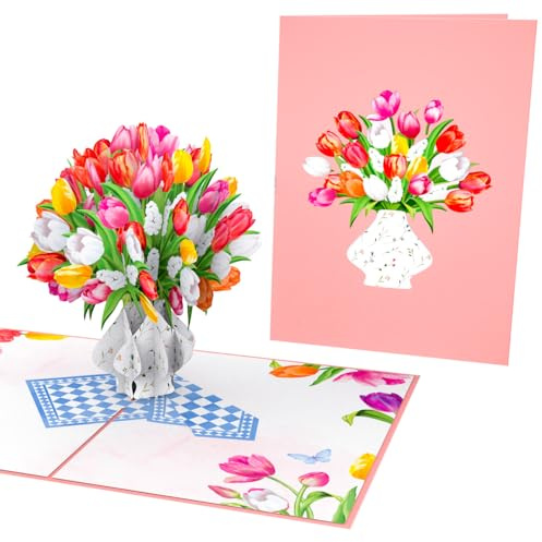PopLife® Carte pop-up 3D avec bouquet de tulipes colorées – Fête des mères, anniversaire, remerciements, félicitations, fleurs de Pâques, Saint-Valentin – Pour maman, fille, épouse, grand-mère, sœur,
