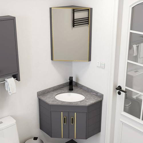 YUGXTH Lavabo d'angle, Meuble de Salle de Bain d'angle, Armoire d'angle de Salle de Bain Moderne, Lavabo en Céramique avec Récipient de Rangement et Armoire a Miroir, pour Petit Espace