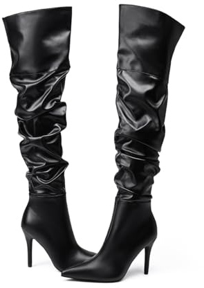 Feinlina Bottes hautes noires au-dessus du genou pour femmes Sexy Pointed Toe Side Zipper Cuir Pleaser Bottes
