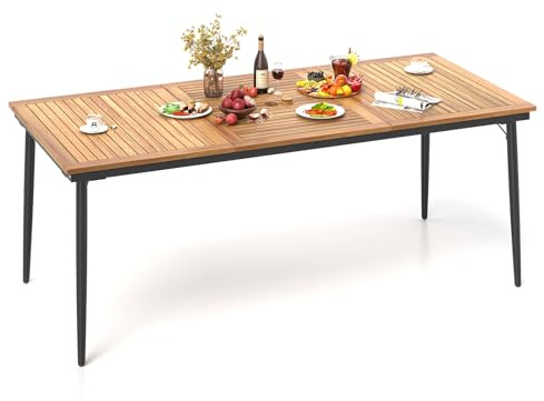 RELAX4LIFE Tavolo da Giardino in Legno di Acacia con Foro Ombrellone 5 cm, Gambe in Metallo Stabile, per 8 Persone, per Esterno, Terrazza, Patio, Portata 75KG (200x90x75cm, Rettangolare 2)