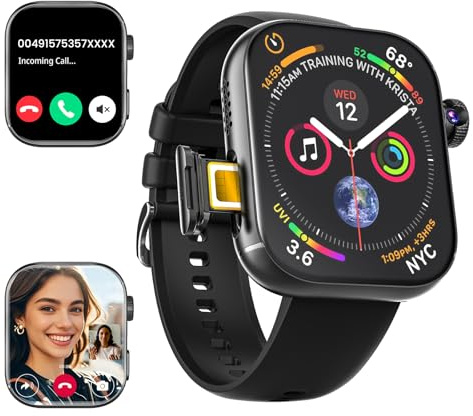 4G Smartwatch mit Telefon 2.1 AMOLED Touch Großbildschirm Smart Watch für Herren Damen Fitness 1020mAh GPS Tracker SIM Slot Drehende Kamera Herzfrequenz Monitor SOS Anruf Sportuhren 3GB+32GB Schwarz