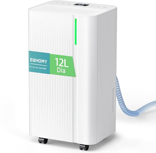 EUHOMY Deshumidificador Silencioso 12L, interior 25㎡, Modos Automático/Secado/Descanso, Deshumidificador Bajo Consumo con 1,8E Depósito Extraible,Temporizador 24H, Pantalla de Humedad,Drenaje Continuo