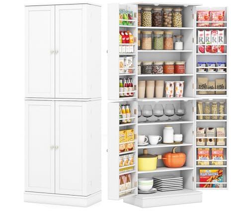 KOMFOTTEU Aparador de Cocina con 4 Puertas, Armario Despensa de 8 Niveles con Estantes Ajustables, Mueble de Almacenamiento con Kit Antivuelco para Sala de Estar, Comedor, 60 x 35 x 166,5 cm
