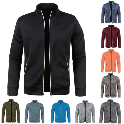 Générique Sweat Zippé Homme Veste Sport Vestes en Tricot mi Saison Coupe Vent Running Jacket Col Mao Bombers De Randonnée Survêtement Respirant Aviateur Couleur Unie Blouson Noir L
