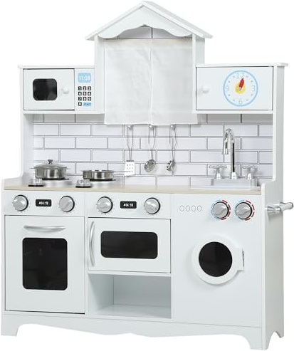AIYAPLAY Cocina de Juguete de Madera con Sonido y Cortinas, Cocinita Infantil con Accesorios de Acero Inoxidable, Lavadora, Microondas, Fregadero, Juguetes para Niños a Partir de 3 Años, Blanco
