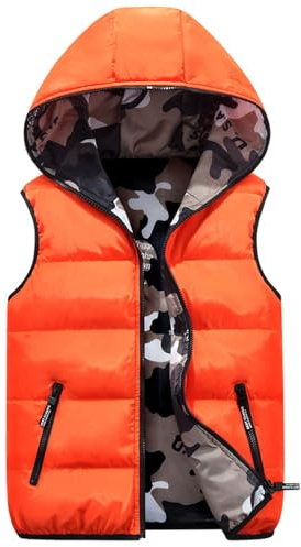 Generisch Chaleco de invierno para niños con capucha acolchado camuflaje chaleco reversible sin mangas chaqueta, naranja, 6-7 años