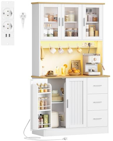 Hzuaneri Credenza Cucina, con 6 livelli Ripiano posteriore della porta, 5 Ante e 3 Cassetti, Illuminazione LED Regolabile e Presa Multipla, Cucina, Soggiorno, 40x100x180cm, Bianco-Rovere PT10303XEU