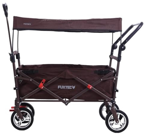 FUXLIFE Carro de Mano Plegable FX-CT700 marrón con Frenos, Asiento Acolchado, asa Ajustable, Carrito Resistente para excursiones, jardín y Playa, Plegable y Compacto