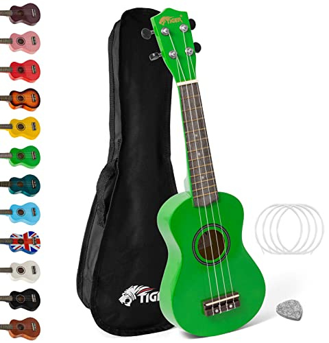 TIGER UKE7 sopran ukulele för nybörjare inkluderar spelningspåse, filtpick, reservset med strängar ny för 2020 nu utrustad med Aquila-strängar – grön