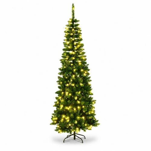 4Ft/1.2m Green Pre-Lit Slim Pencil Christmas Tree, 100 Warm White LEDs | For Christmas, Home, Office and Party Decor, 172 Tips, 8 Light Modes, PVC and Metal Construction, Easy Assembly, Space-Saving