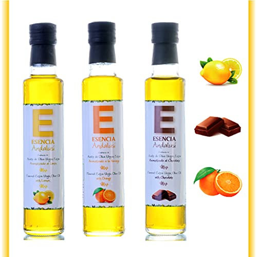Aceite de Oliva Virgen Extra Aromatizado, 3 Botellas cristal de 250 ml con Aceite oliva aromatizado con 3 esencias naturales (Chocolate - Naranja - Limón)