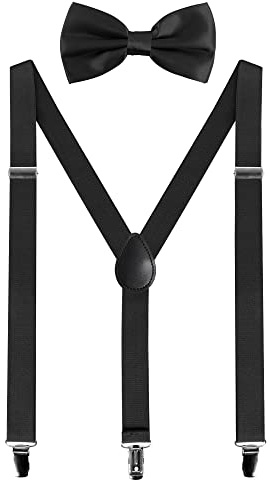 Mens Braces and Bow Tie Set, Suspenders Braces for Men Trousers with 3 Strong Clips, Elastic Adjustable Formal Braces for Wedding Business Daily-Wear (Black)