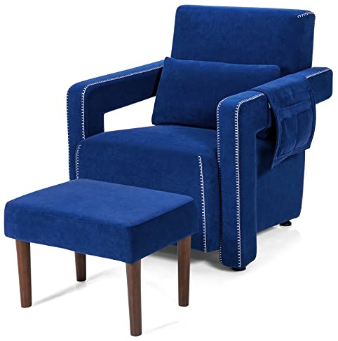 Giantex Modern Accent Chair with Ottoman, Soft Berber Fleece Single Sofa w/Side Storage Bag, Adjustable Foot Pads, Leisure Armchair for Reading, Navy