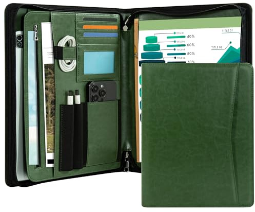 Calfinder Portfolio Folder with Zipper,Leather Padfolios for Women&Men,Professional Portfolio Binder with A4 Writing Pad Holder, Business Organizer for Resume/Interview
