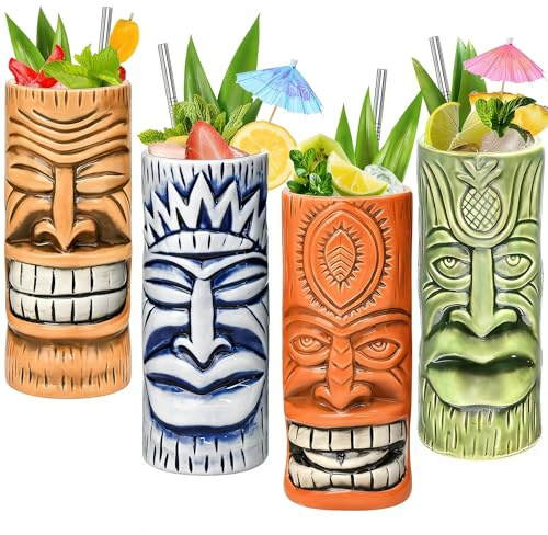 Tiki Mugs - Juego de 4 tazas de cóctel de cristal Tiki de cerámica, vasos de cóctel únicos, taza hawaiana profesional de bar y artículos de bar para fiesta de Navidad y Halloween