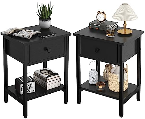 Nightstands Set of 2 with Drawers, Bedside Table Set of 2 with Storage Shelf, Heavy Duty End Side Table for Living Room Bedroom Small Space Sofa Couch, Wood Metal Night Stand, Easy to Assemble, Black