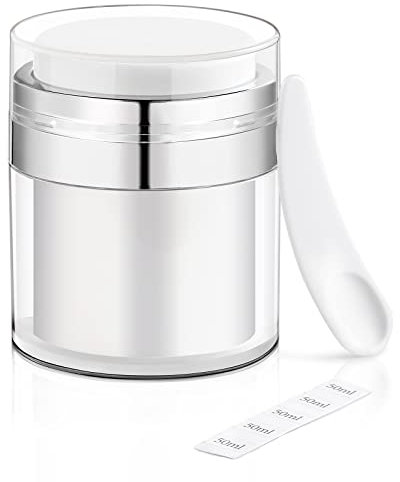YOCASII 47 ml luftlös pumpburk, påfyllningsbar krämflaska dispenser, fuktkräm behållare med spatel för lotioner och krämer