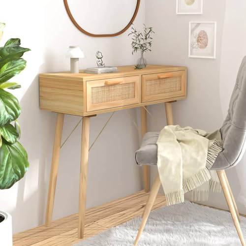 Homgoday Table Console Scandinave en Bois d'Ingénierie avec 2 Tiroirs - Design Rotin - Marron