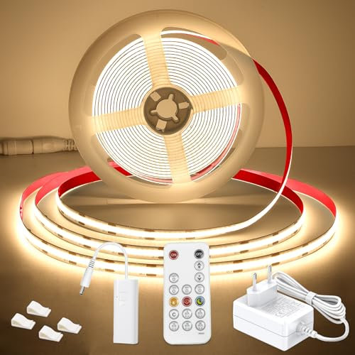 WOBSION Striscia LED Cucina COB 5 Metri Dimmerabile con RF Telecomando,Bianco Naturale Strisce Kit 4000K per Festa,la Casa,Bar,Camera e Armadio,24V GS Alimentatore Luminoso Luci da 320LEDs/M,CRI90+