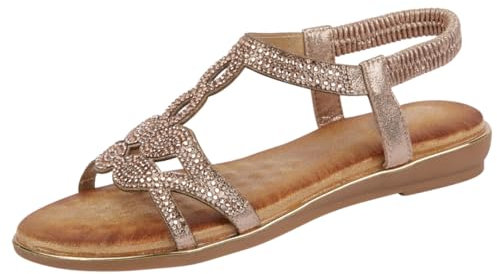 Yinka Shoes Ladies Santorini Diamante T-bar Slingback Flat Sandals Rose Gold UK 4