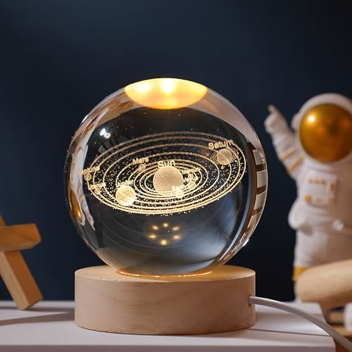 ZVO Sfera di cristallo 3D LED, luce notturna, lampada per pianeti 3D, scena notturna, astronomia, base in legno, sfera USB, compleanno, bambini, Natale, decorazione