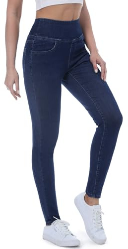 Chasehot Elastiska Jeans för Kvinnor, Skinny Slim Jeans Högt Midje Jeggings Treggings Push Up Elastiska Jeans Ankel Leggings med Fickor, Mörkblå-S