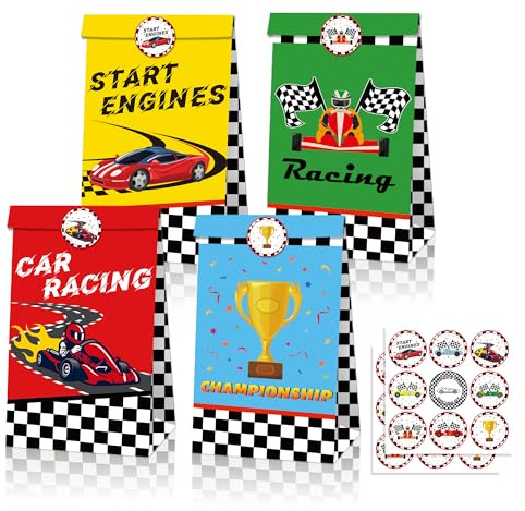 12 Packs Racing Paper Bags, 22x12x8 cm Racing Gift Bags with 18 Pcs Stickers for Kids or Adults in Birthday party, Weddings, Events or Shopping (racing)