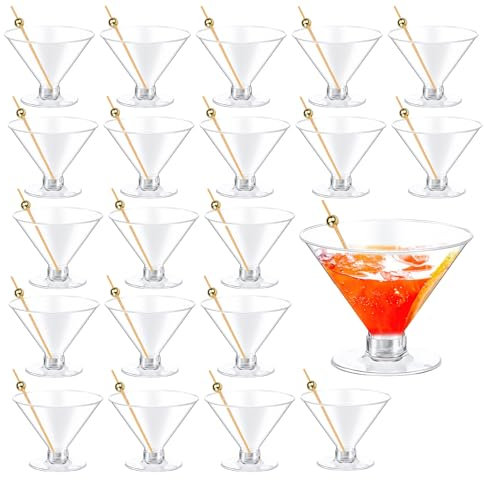 Roucerlin 20 PCS Disposable Plastic Martini Glasses with 20 PCS Golden Cocktail Sticks, 5 OZ Stemless Cocktail Glasses, Transparent Dessert Cups for Wine Champagne Party Appetizers