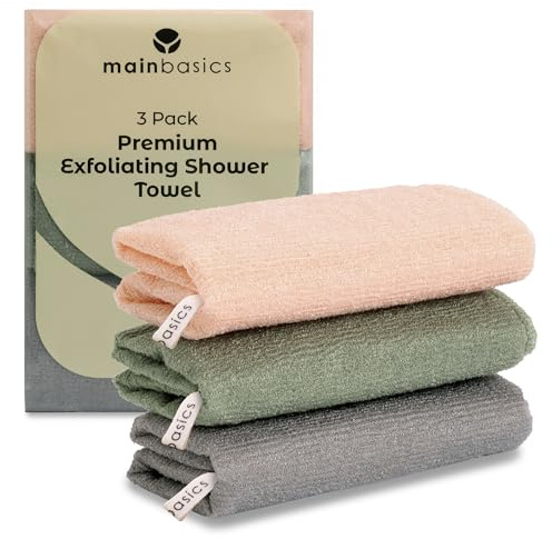 MainBasics Exfoliating Shower Towel - Japanese Nylon Bath Towel and Body Washcloth, Quick-Dry, Durable, Deep Exfoliation (Set of 3, Earthy Love)