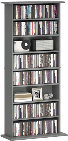 HOMCOM 360 CD/185 DVD Storage Unit 6 Adjustable Shelves Grey | 185 Blu-ray Media Storage Shelf, 8 Compartments, CD Tower, for Living Room, Bedroom, Office
