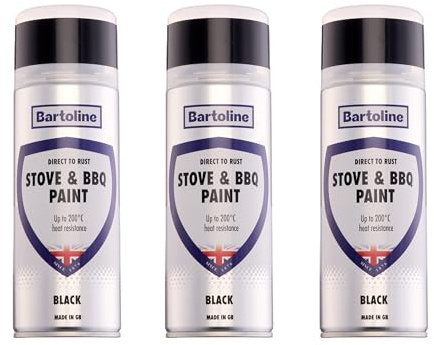 Bartoline High-Heat Stove & BBQ Paint Spray, Black, 13.5 oz [3 Pack] - Matt Finish Heat Resistant up to 392°F (200°C) - Direct-to-Rust, No Primer Needed for Exhausts, Ovens, Fireplaces - 400 ml