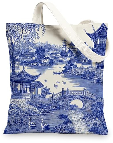 Scenic - Bolsas de lona reutilizables con diseño artístico, estilo vintage, ligeras, lavables, con correa para el hombro, Azul, 13x15 Inch