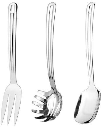 Set d'Ustensiles de Service 3 Pièces, 23 cm Set d'Ustensiles de Cuisine en Acier Inoxydable Lourd pour Service avec Cuillères de Service, Fourchette de Service, Fourchette à Pâtes Pour Buffet