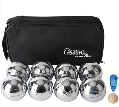 Casativo Hochwertiges Boule- & Pétanque-Spiel, 8 Metallkugeln, Holzkugel, Abstandsmesser, Tragetasche, Boccia Kugeln mit idealen Laufeigenschaften