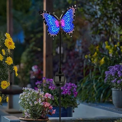 Garden Mile Freestanding Solar Butterfly Garden Stake Light - 76cm Waterproof Animated LED Lamp Outdoor Decor - Colour Changing Lights for Pathway, Flower Bed Decor & Butterfly Gifts for Women