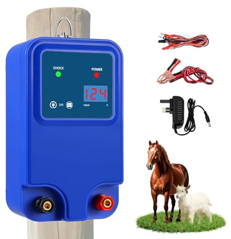 Electric Fence Energiser 12V 1.5J, 5km Range, IP45 Waterproof Electric Fence Posts, Electric Fence Tester Insulators with 3 Power Supply for Livestock Cattle Horse Pig Goat Poultry, 12kV Peak