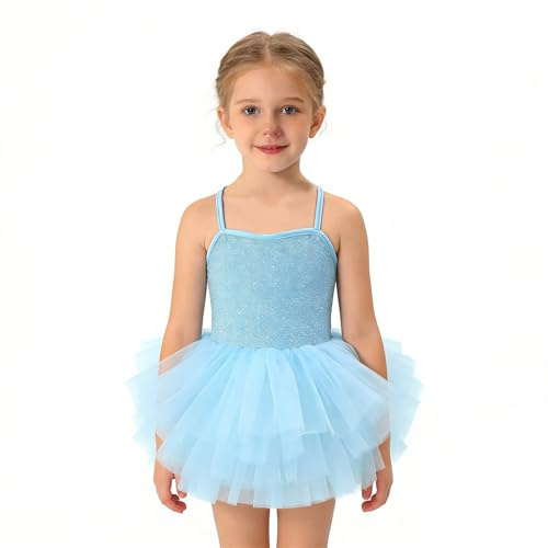 Generisch Vestido de ballet para niña con falda de malla, tirantes delgados en la espalda, tutú suave, azul claro, 5-6 años