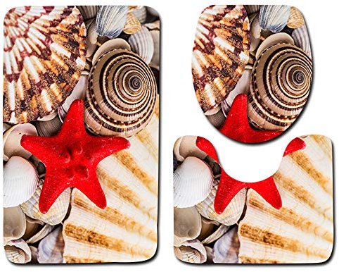 EU-VV Badematte 3 Stück Anti Slip Schnell Trocknende Badematte + Contour Rug + Deckel WC-Abdeckung Strandmuschel (Seestern)
