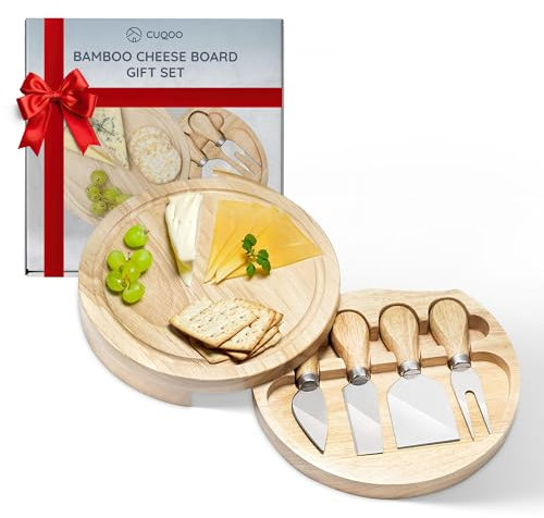CUQOO Bamboo Cheese Board Set – Charcuterie Board with 3 Stainless Steel Knives & Fork, Serving Platter with Compartment for Meats, Cheese, and Fruits | Perfect for Parties & Gifts