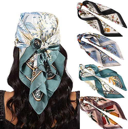 AWAYTR 27.5” Silk Satin Square Head Scarf - 4PCS Satin Head Scarves for Women Hair Kerchief Bandanas Sleeping Head Wraps (Print (black/gray/coffee/cyan))