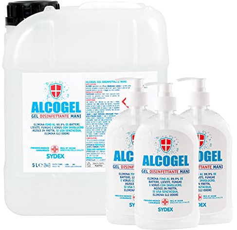 Gel Disinfettante Mani Professionale Igienizzante Antibatterico - Presidio Medico Chirurgico Elimina Odori fino al 99,9% di Germi Funghi Batteri e Virus (Tanica da 5L + x3 500ml)