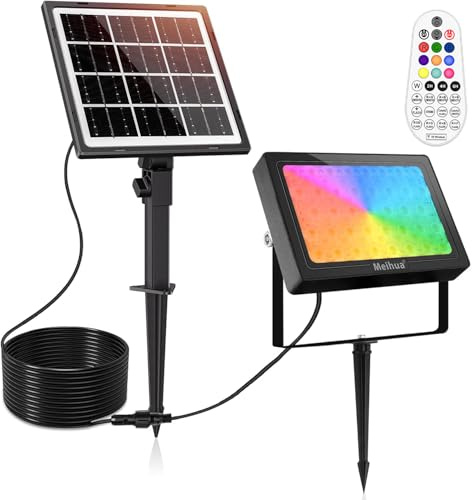 MEIHUA 30W Spot Solaire Exterieur RGB 10 Couleurs 30 Modes Dynamiques 6 Luminosité Minuterie IP66 Etanche Lampe Solaire avec Télécommande Eclairage Exterieur pour Jardin Arbres Chemins Noël Halloween