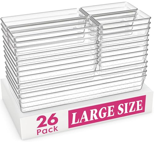 Criusia Large Drawer Organizer Bins 26 Pack | Complete 5 Size Clear Plastic Kitchen Drawer Organizers for Utensils | Bathroom Drawer Organizer Trays | Versatile for Makeup Office Organization
