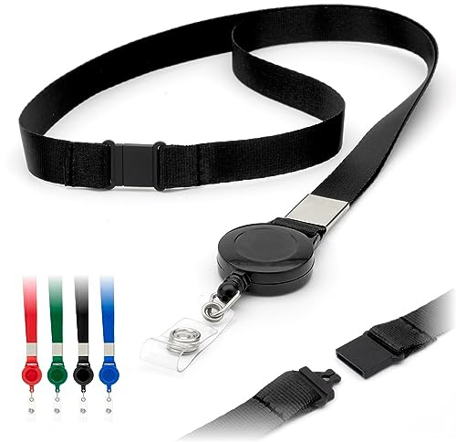 Svart infällbara nyckelband med nyckelband från LanyardsImorgon 15 mm platta släta remmar med säkerhetsbrytande drag, ID-bricka hållare utdragbar rullklämma paket med 100