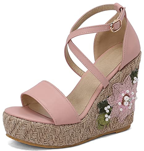 Gicoiz Espadrille Compenséess Femmes Classique Plateforme Embroiderouge Sandales Confort Décontractée Bout Ouvert Bride Cheville Spartiates Strappy Chaussures Rose Taille 35 EU