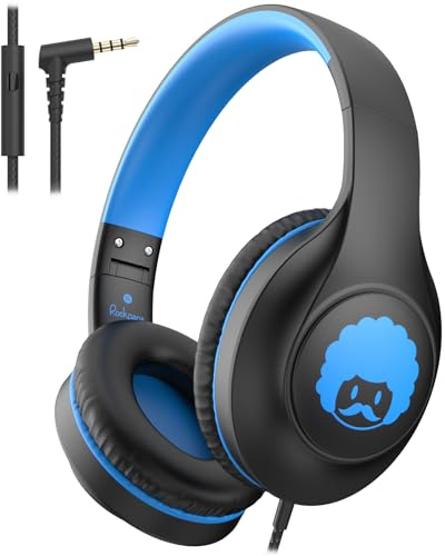 rockpapa C24 on-ear kabelanslutna hörlurar med mikrofon, lätta hopfällbara sladdade hörlurar med ingen trassel sladd på 3,5 mm uttag, stereobashörlurar för dator bärbar dator surfplatta telefon svart