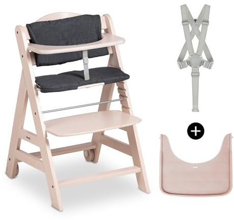 hauck Beta+, Whitewashed - Mitwachsendes Kinderhochstuhl Set ab 6 Monaten bis 90 kg mit Rädern, Sitzkissen, Großes Essbrett, Kleiner Schutzbügel, 5 Punkt Gurt Sicherheitsgurt & Schrittgurt