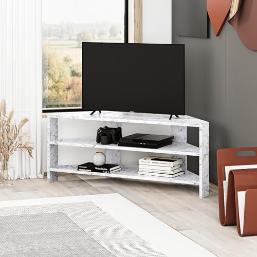 HOCUS PICUS Corner TV Unit with 2 Shelf for Living Room, Office ext. Modern Design, TV Stand 32-Inch TVs, Multi Colour Options for Decorations (White Marble Effect)