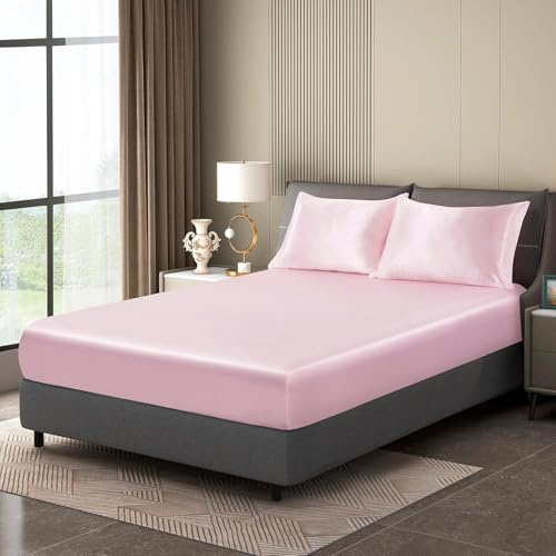 Luowei Satin Spannbettlaken Boxspringbett 90x200cm Sommer Bettlaken Rosa Seidig Seide Kühlend Microfaser Spannbetttuch 90x200 Weich Maschinenwaschbar für Hohe Matratze bis 25-30 cm
