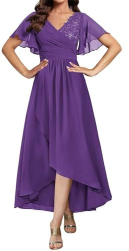 WSEYU Robes de mère de la mariée pour mariage longueur thé mousseline robe de soirée formelle haute basse, violet, 44